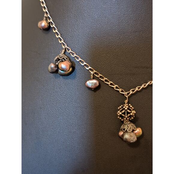 Vintage Genuine Freshwater Peacock Pearl Dangling Sterling 15-16.5" Necklace - Picture 2 of 8